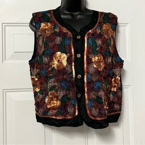 VTG NWT CAROLE LITTLE Silk Embellished Sequin Copper Jewel Tones Beaded VEST L